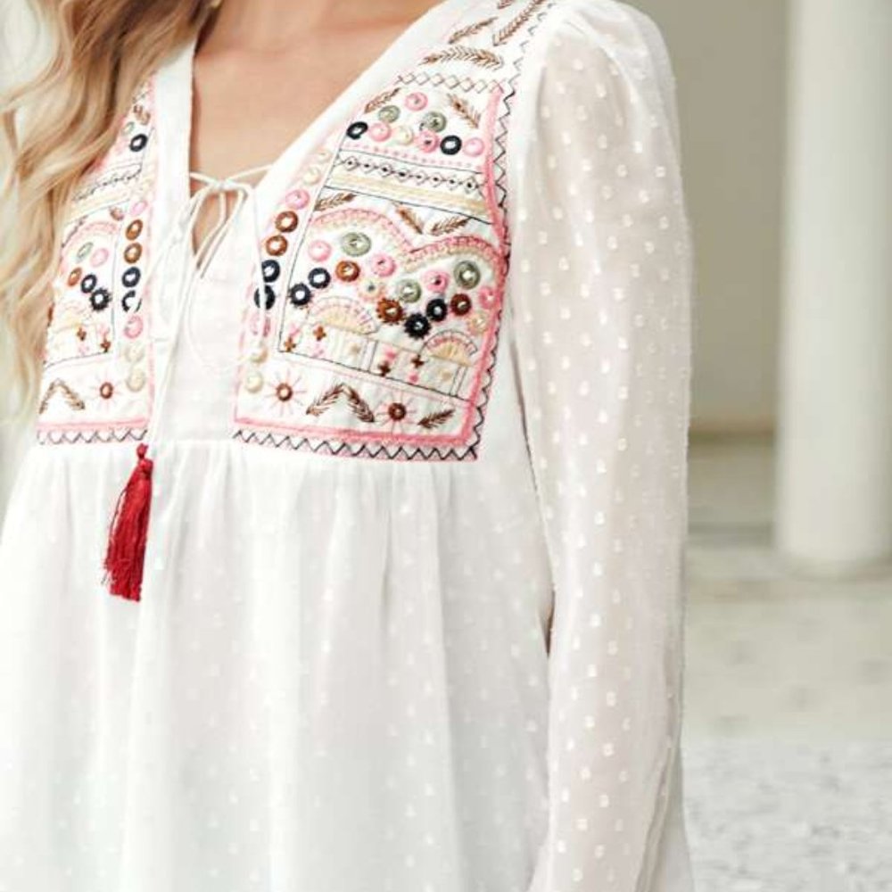 Embroidery Fringe Detail Peplum Blouse - Picture 4 of 6